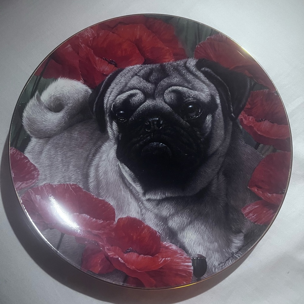 Pug Decorative Plate with Red Poppies